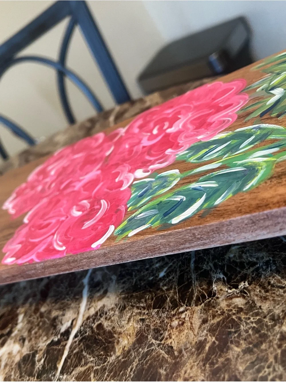 Hand-Painted Pink Flower Wood Serving Board